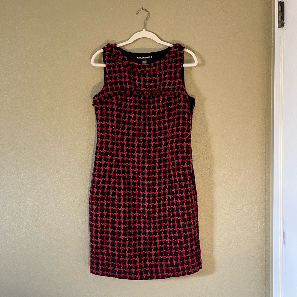 KARL LAGERFELD PARIS Hot Pink & Black Buffalo Plaid Tweed Shift Dress